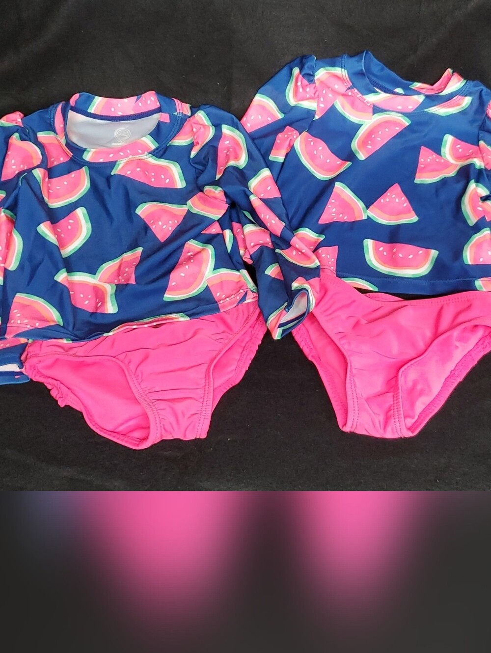 Two (Twin) Wonder Nation Navy & Pink Watermelon Rashguard Swim Sets